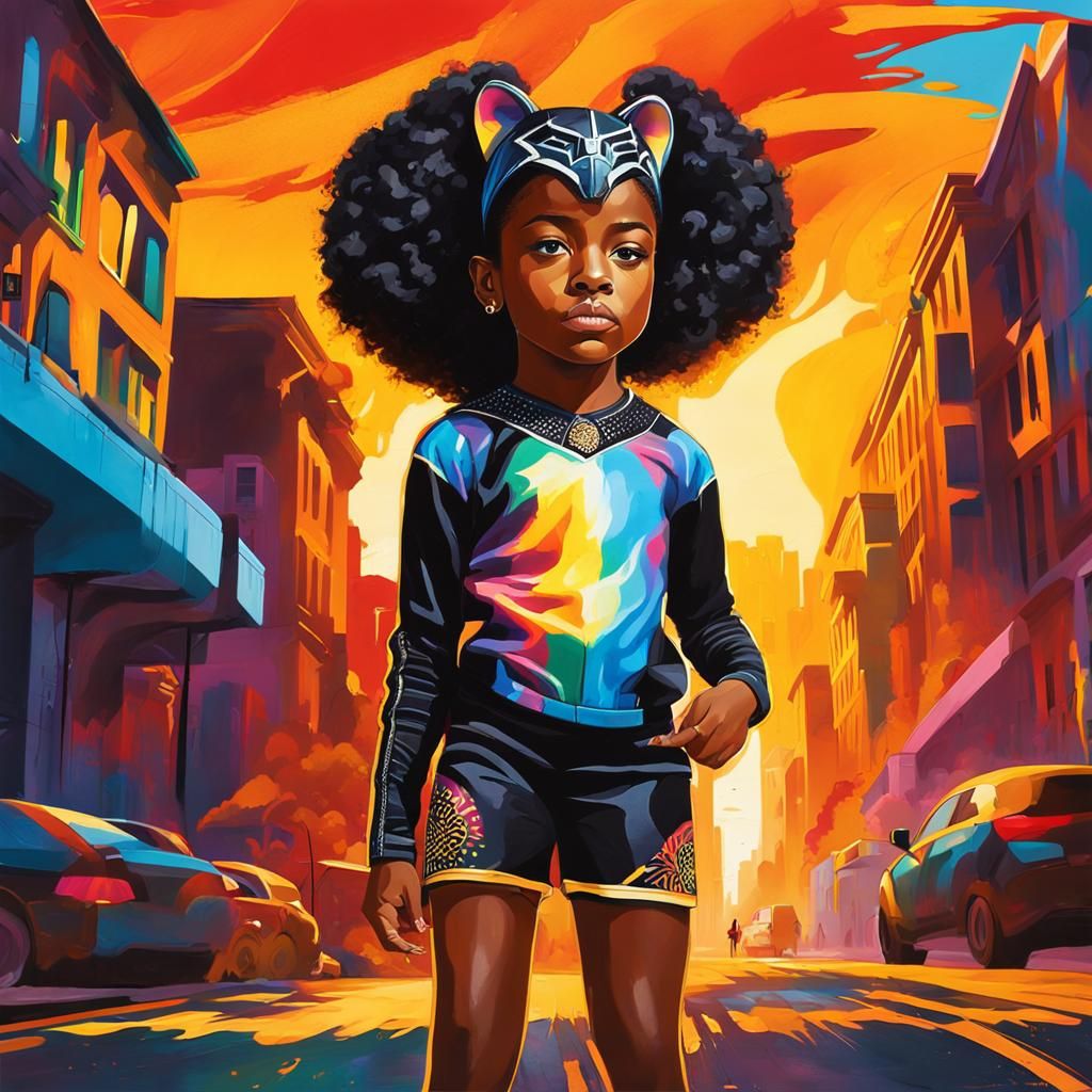 Empowered Girl in Black Panther Costume, Graffiti Art