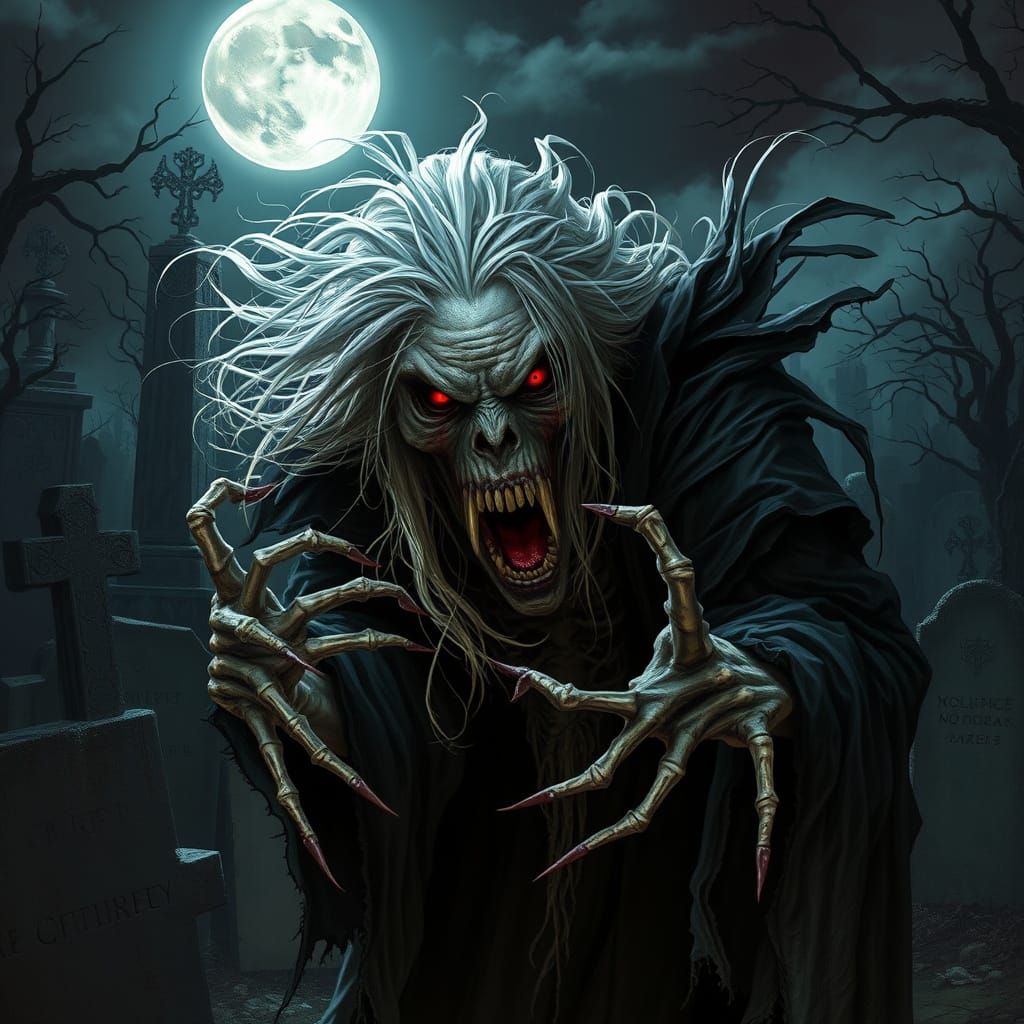 Gothic Vampiric Hag in Moonlit Graveyard