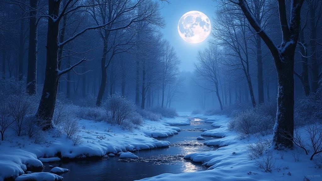 Enchanted Winter Forest With Creek Under Moonlight