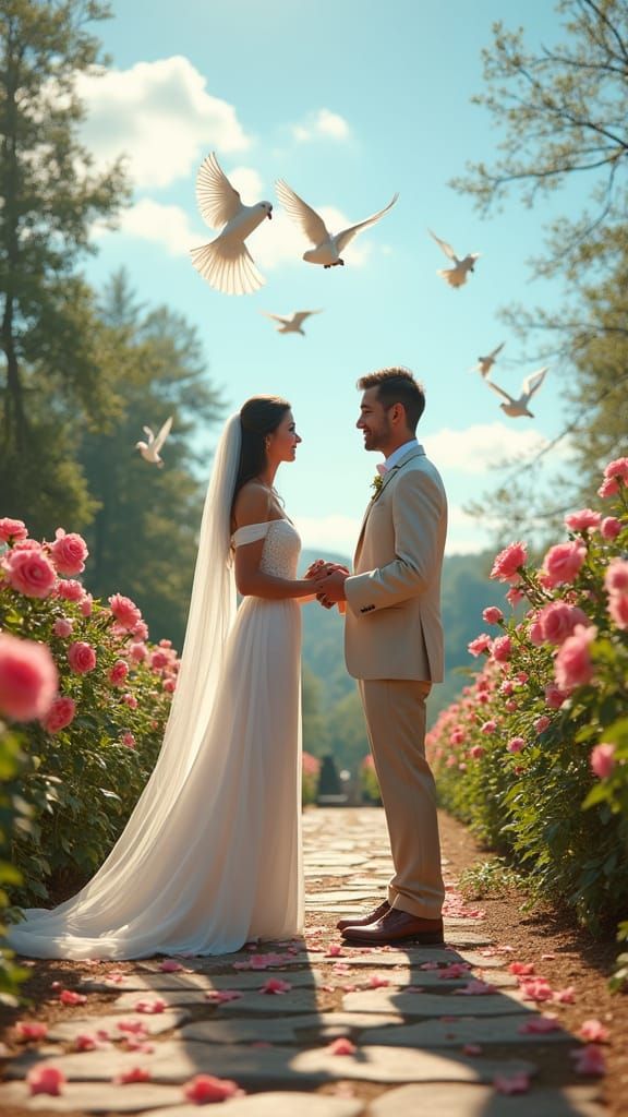 Ethereal Wedding Scene with Joyful Couples and Soaring Doves