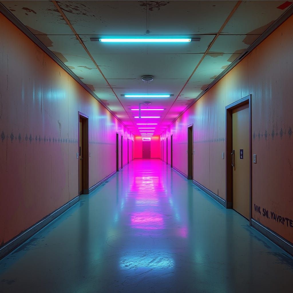 Nostalgic Retro-Futuristic Liminal Hallway in Vaporwave Styl...