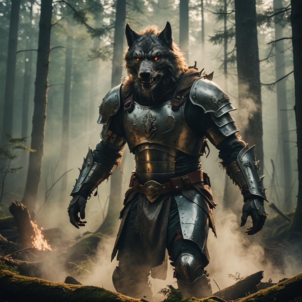 Armored Werewolf in Steamy Forest: Cinematic Still