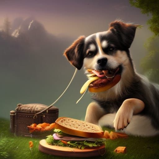 Dog Eating Sandwich in Park: Digital Art