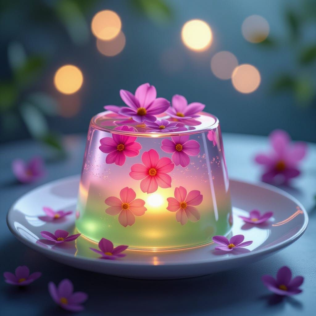 A photo of a translucent jelly dessert with edible flowers s...