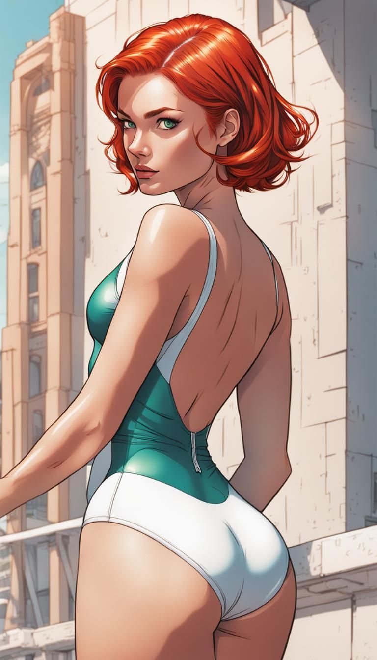 Redhead in White Swimsuit, Comic Book Art