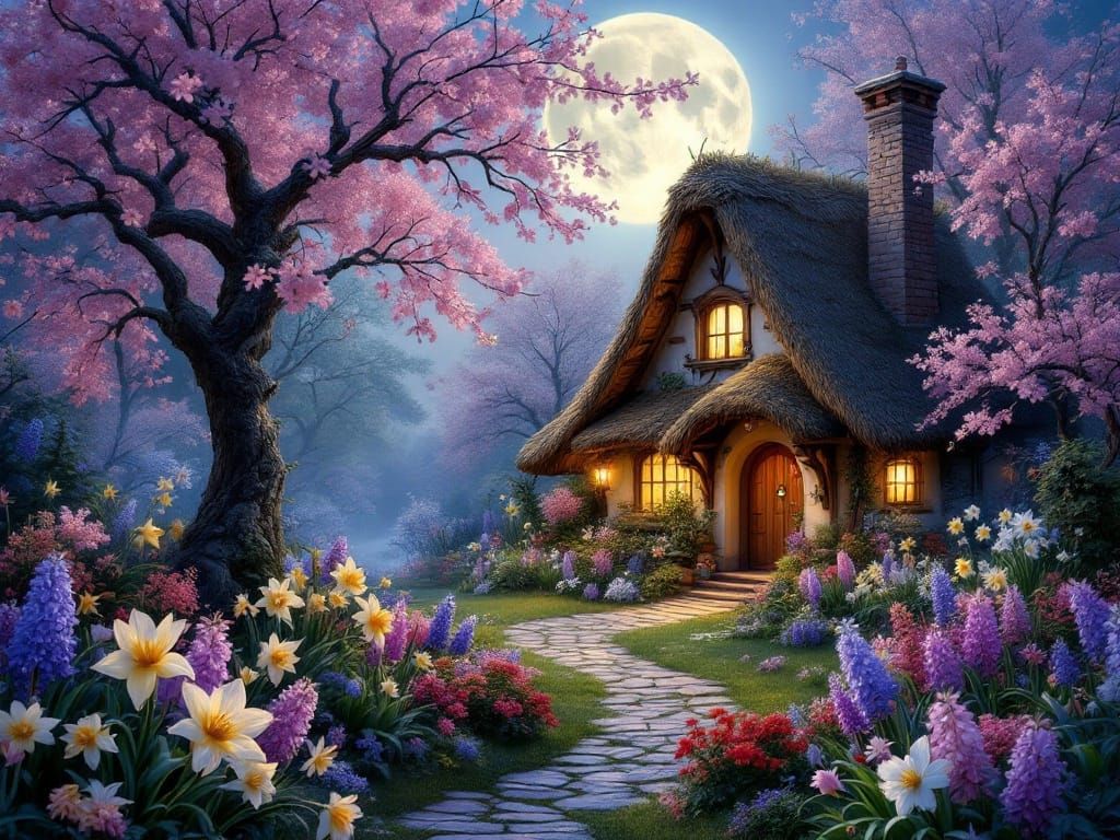 Whimsical Springtime Cottage Scene in Fantastical Style