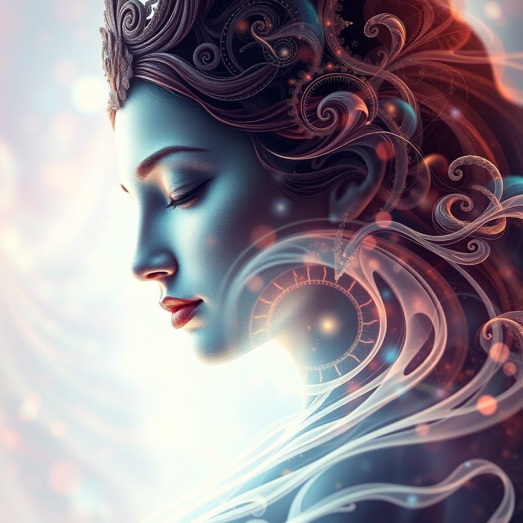 Divine Goddess with Swirling Cosmic Curves in Vibrant Digita...