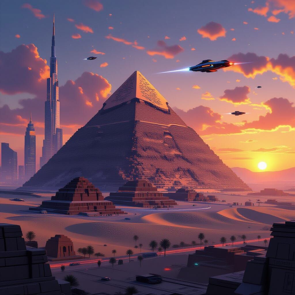Egyptian Pyramid Meets Cyberpunk Cityscape