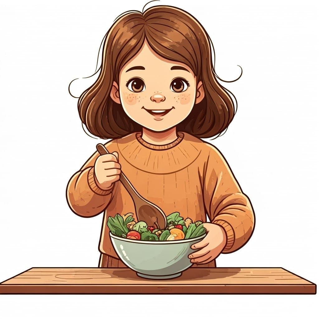 Sweet Girl Mixes Whimsical Salad in a Cozy Kitchen Scene