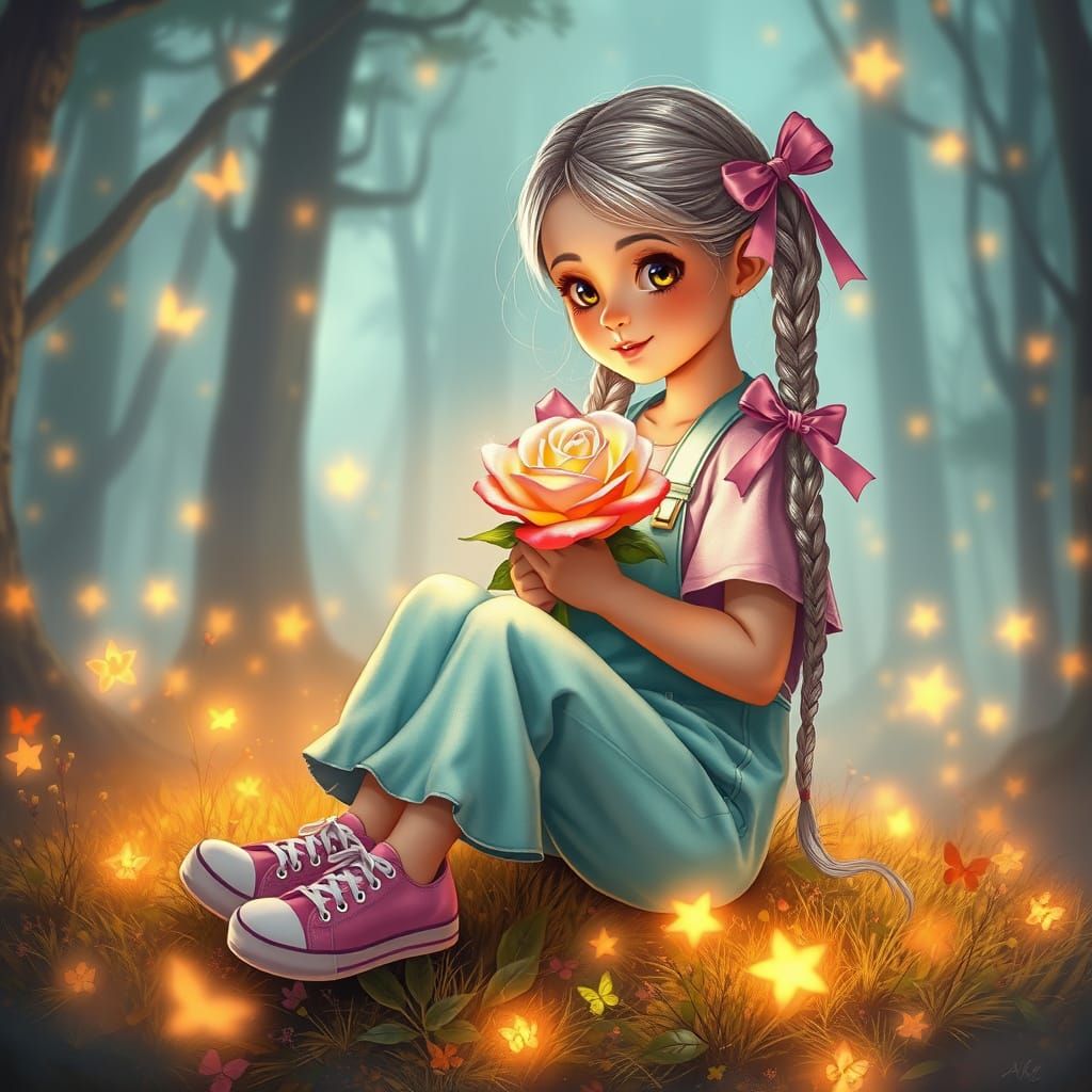 Young Girl with Silver Braids Holds Rainbow Rose in Enchante...