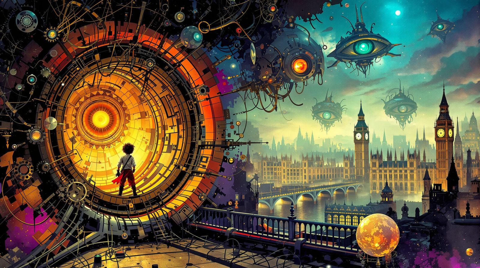 Steampunk Boy Views Martian Invasion of 1920s London