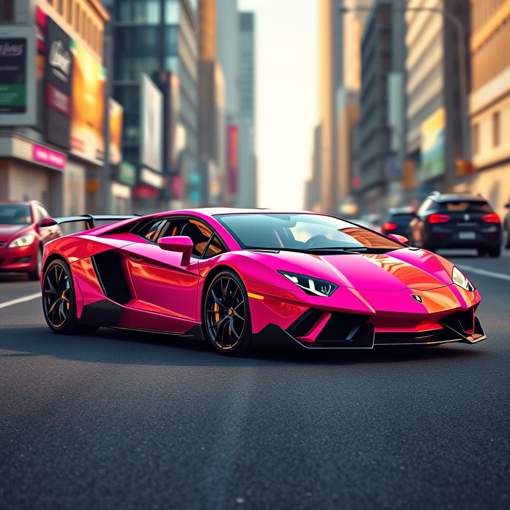 Sleek Pink Lamborghini Aventador in Futuristic Cityscape