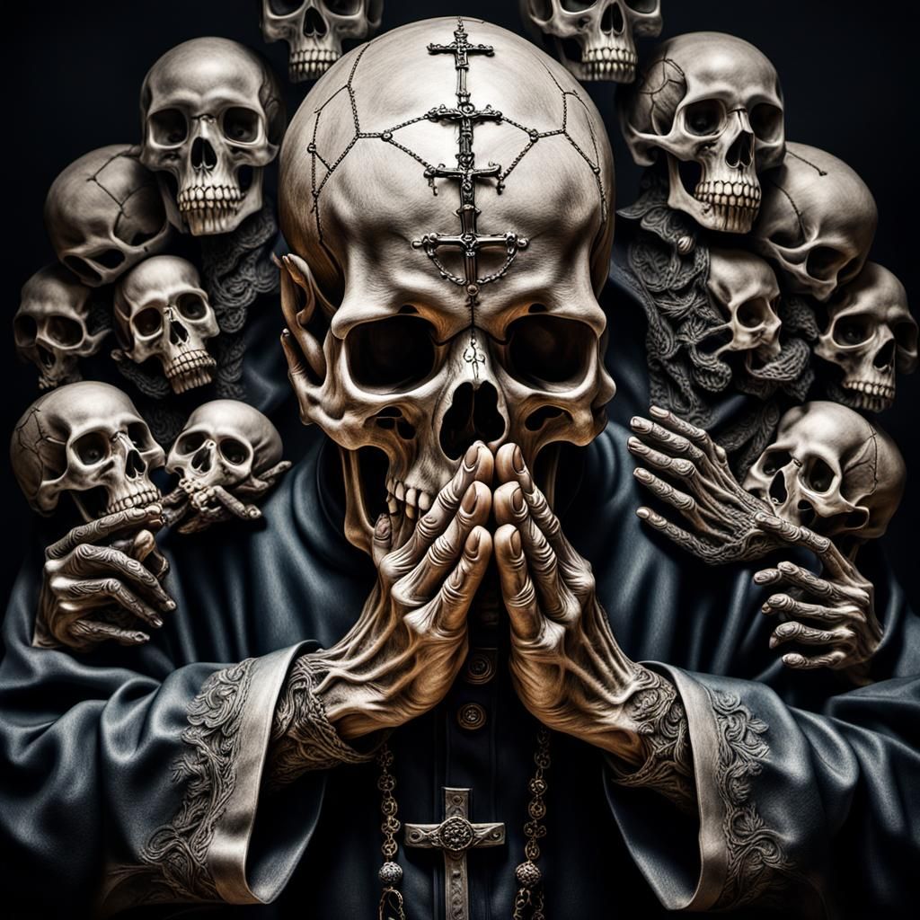 Praying Hands Evolving into Skulls: Hyperrealistic Rendering