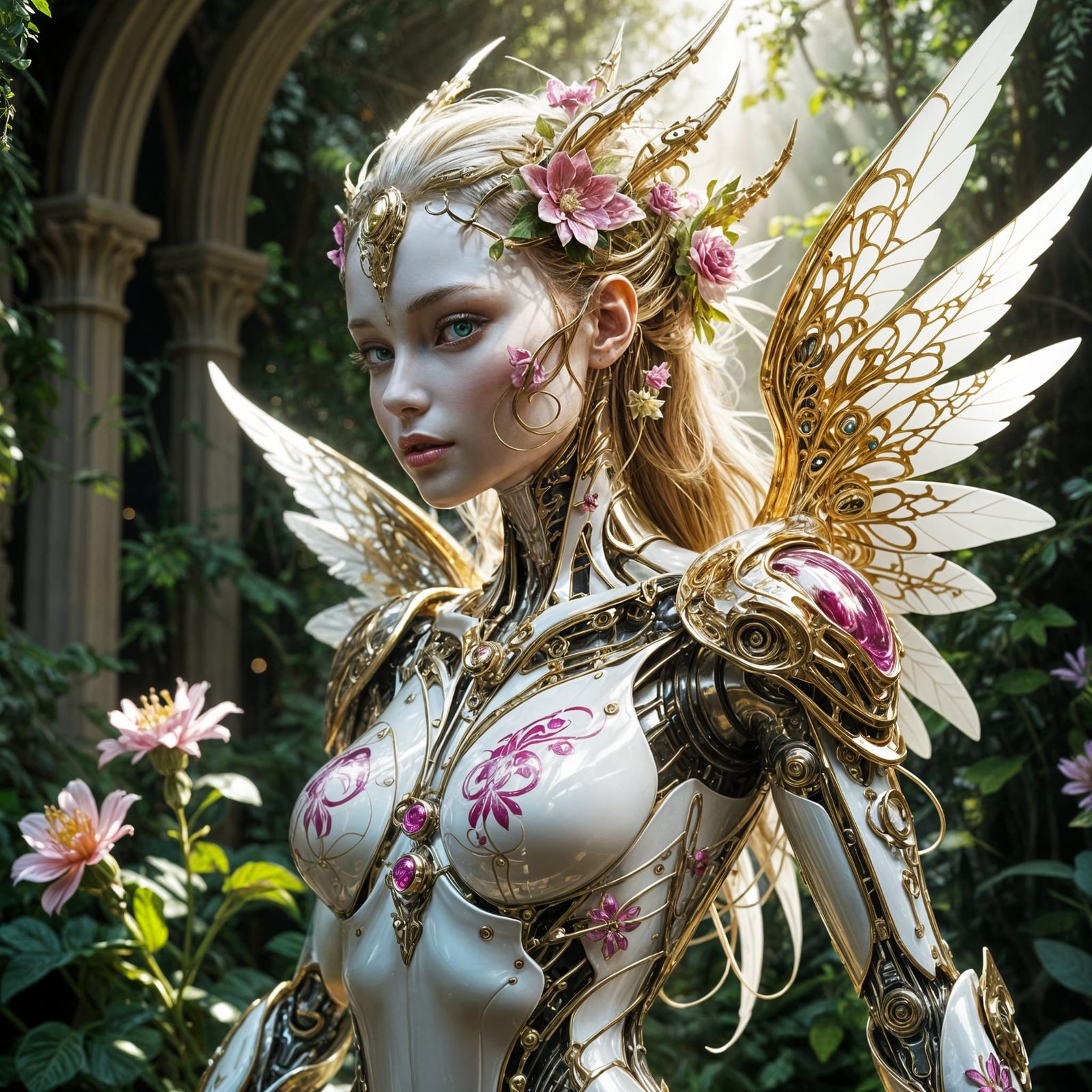 Futuristic Robot Fairy with Floral Accents