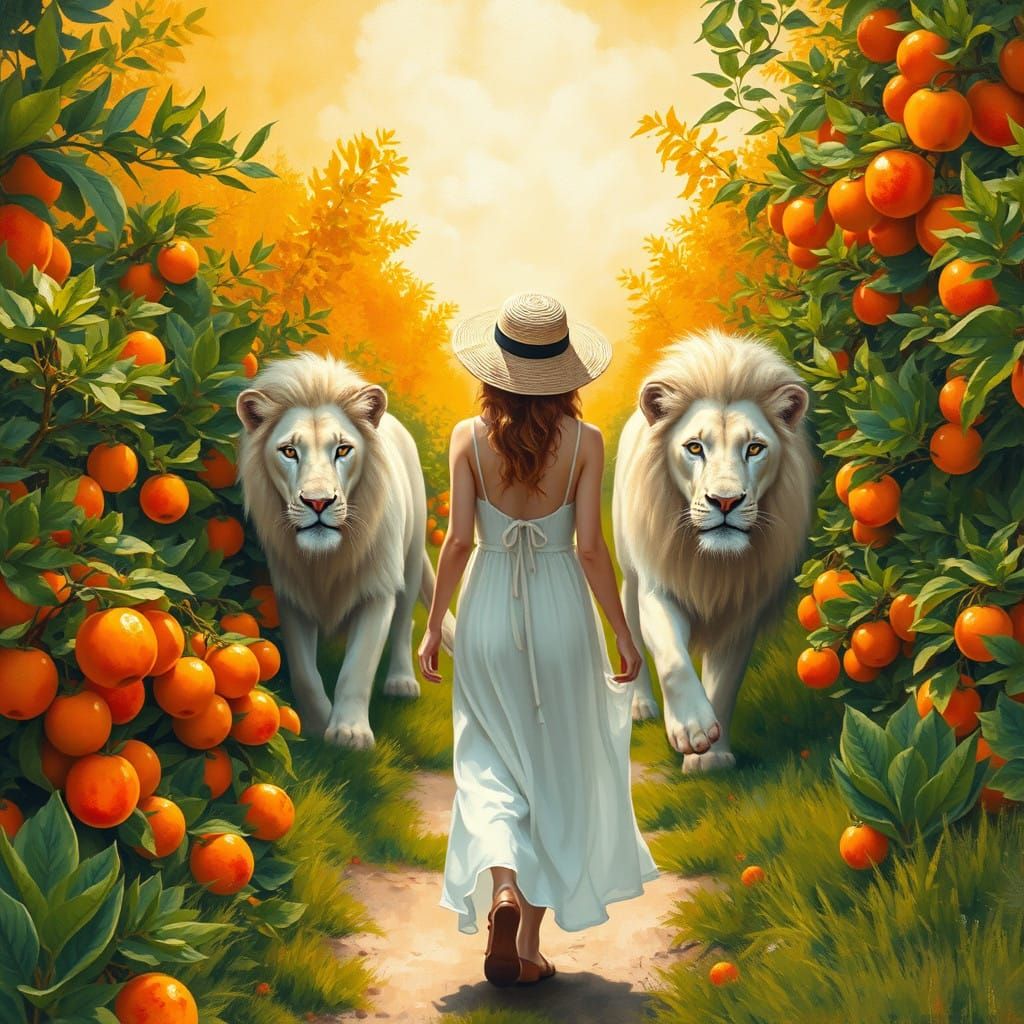 Young Lady Walks with White Lion in Impressionist Orange Far...