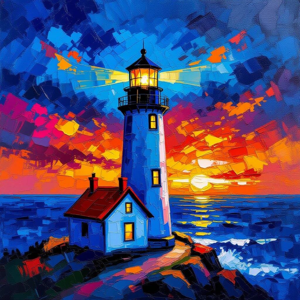 Impressionist Lighthouse in Vibrant Sunset
