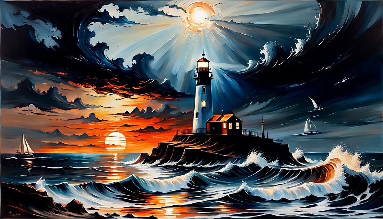Lighthouse at Night: Burnt Oil Metal Seascape Art