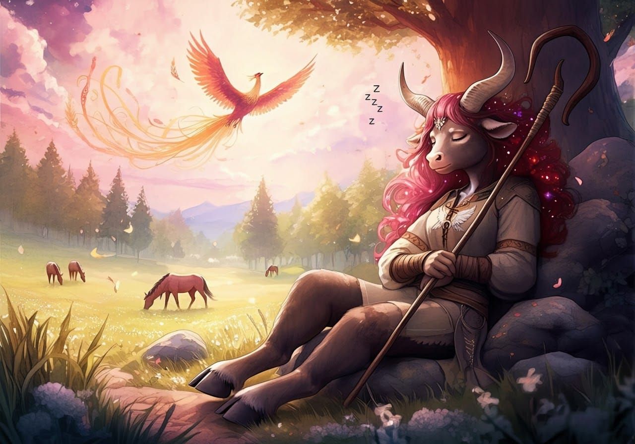 Minotaur Shepard in Meadow: Anime Digital Art