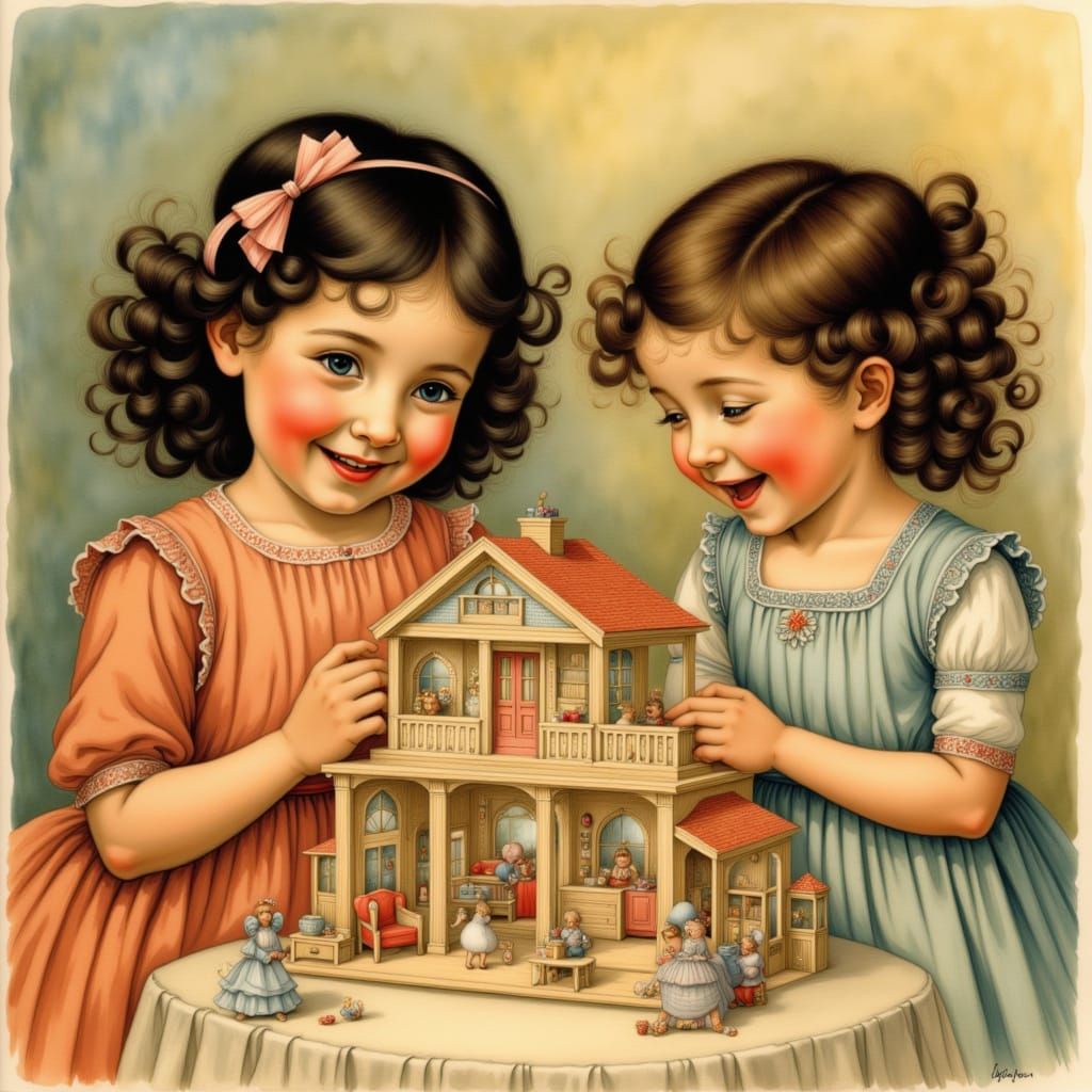 Joyful Girls Play With Detailed Dollhouse