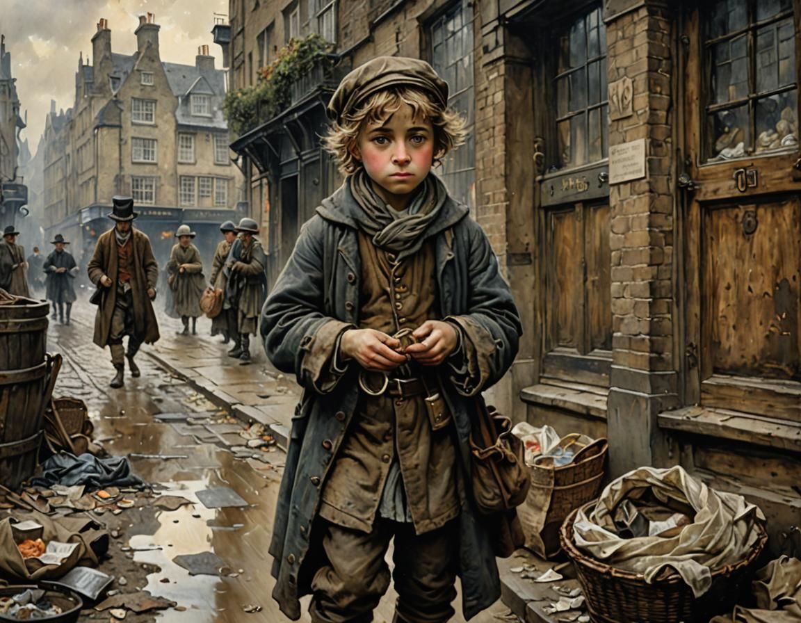Victorian Era Beggar Child in London, Watercolor