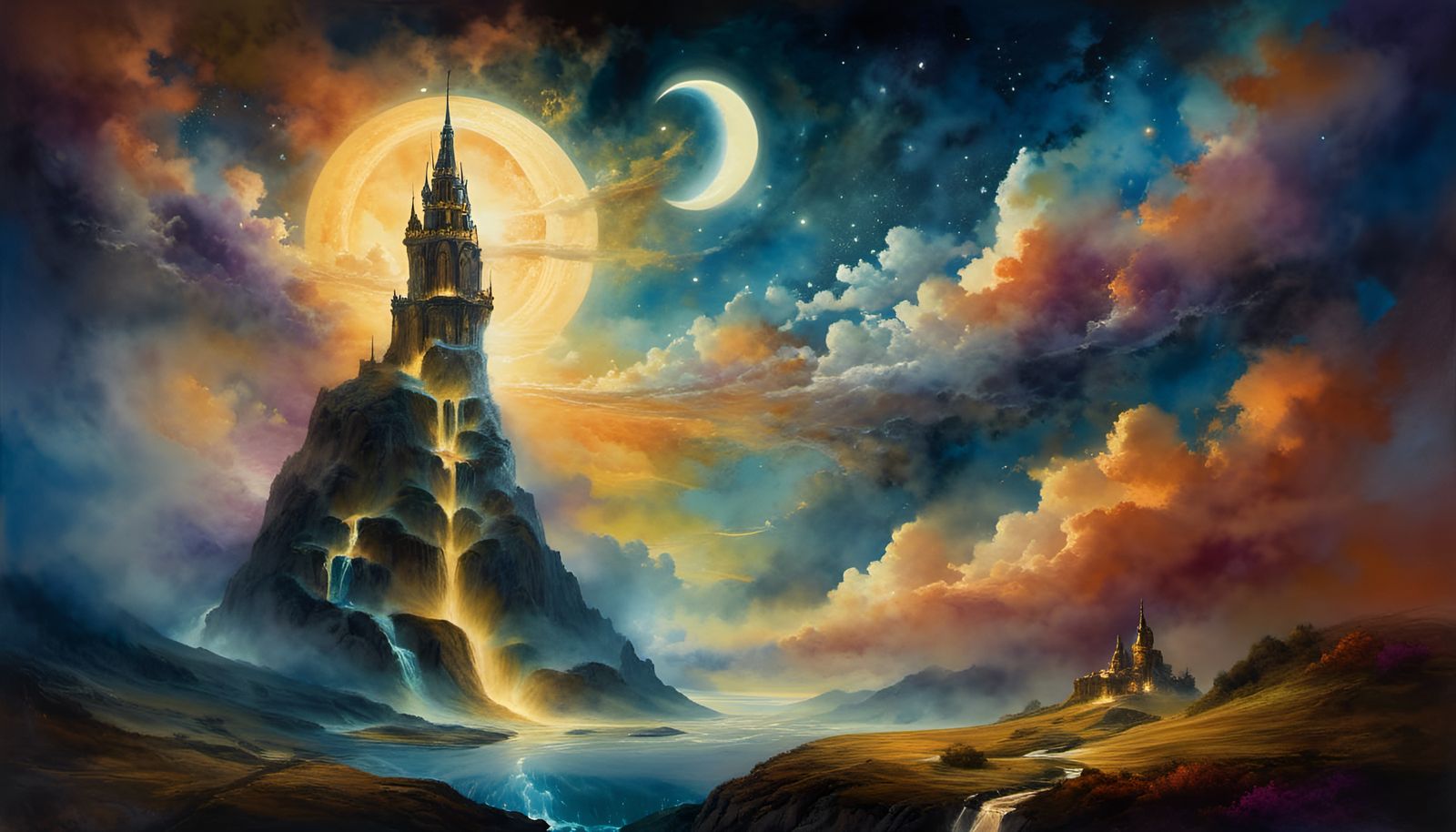 Fantasy Wizard's Tower at Night, Watercolor Illustration