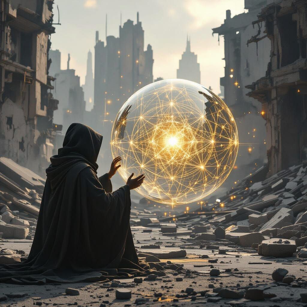 Hooded Architect Enforces Sacred Geometry in Ruined City