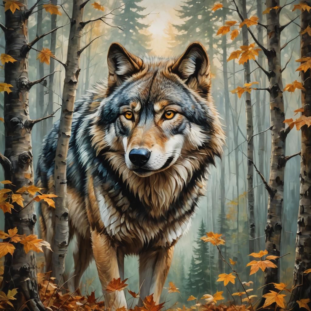 Majestic Wolf in Wilderness Oil Canvas