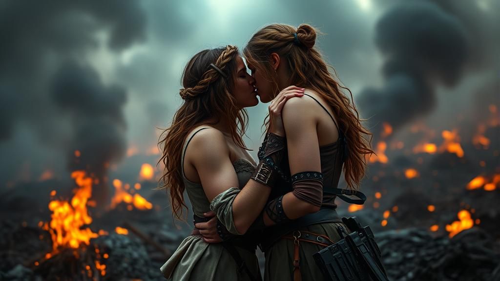 Women Kissing on Battlefield in Digital Painting