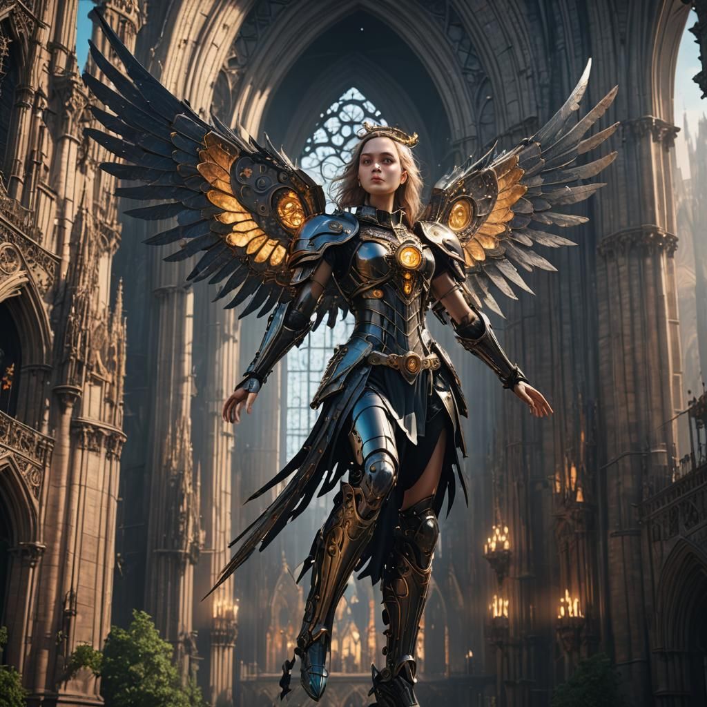 Mechanical Angel Over Gothic Cathedral: Digital Art