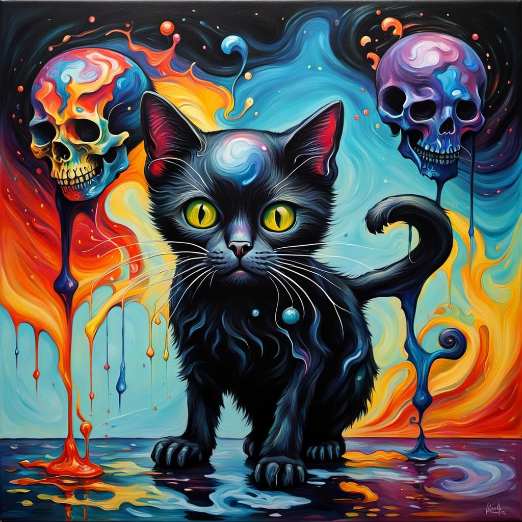 Surreal Black Cat and Dancing Skull with Oil Sheen