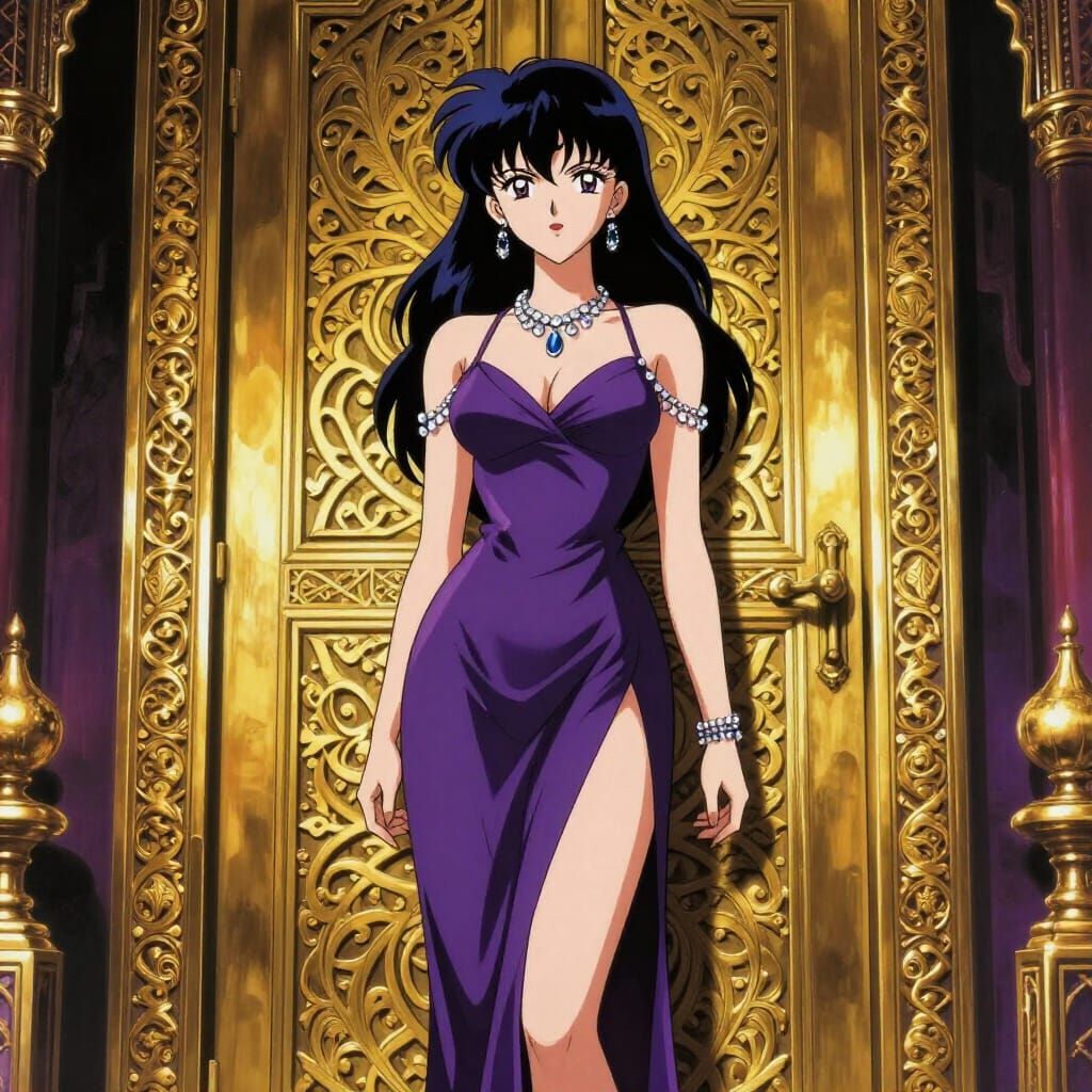 90s Anime Femme Fatale Before Ornate Door