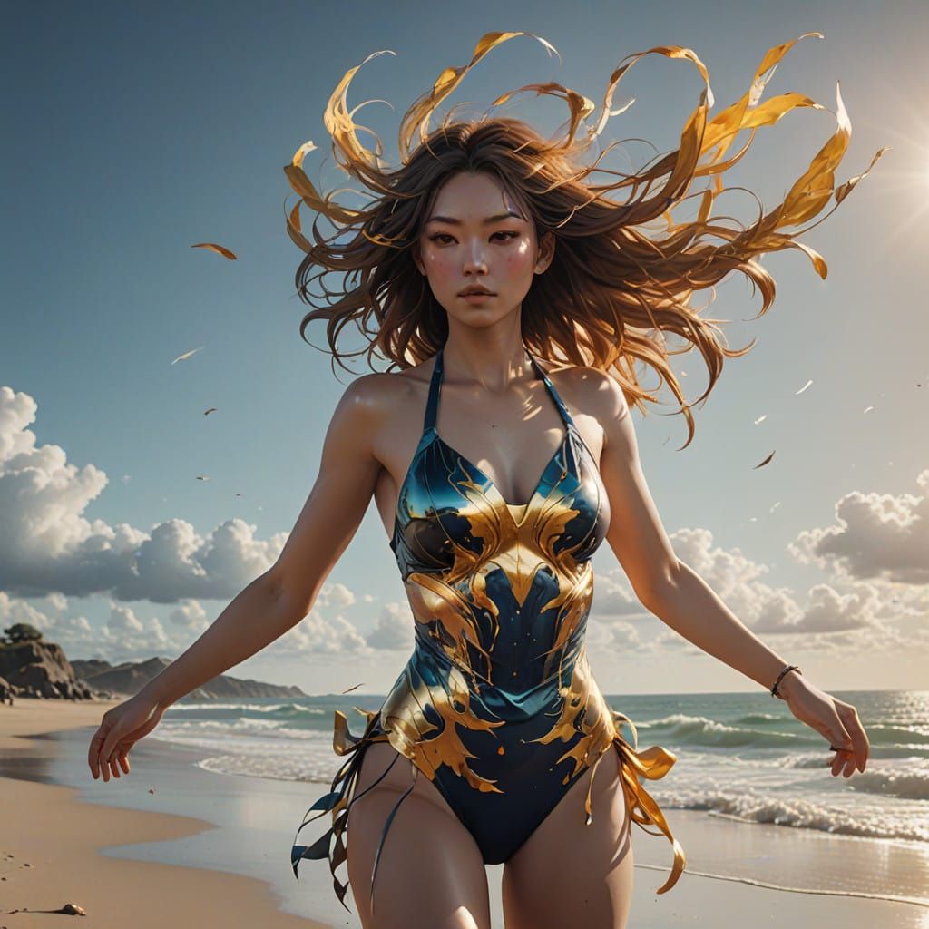 Vibrant 1960s-Inspired Beach Goddess in Mid-Air