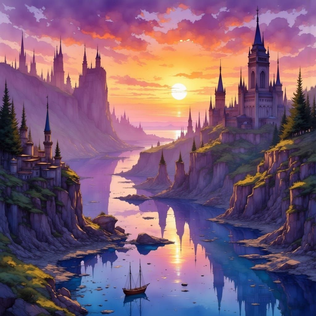 Surreal Sunset Cityscape in Painterly Style