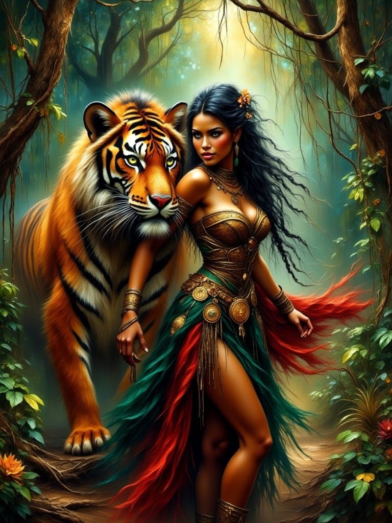 Amazon Warrior Beside Bengal Tiger in Jungle
