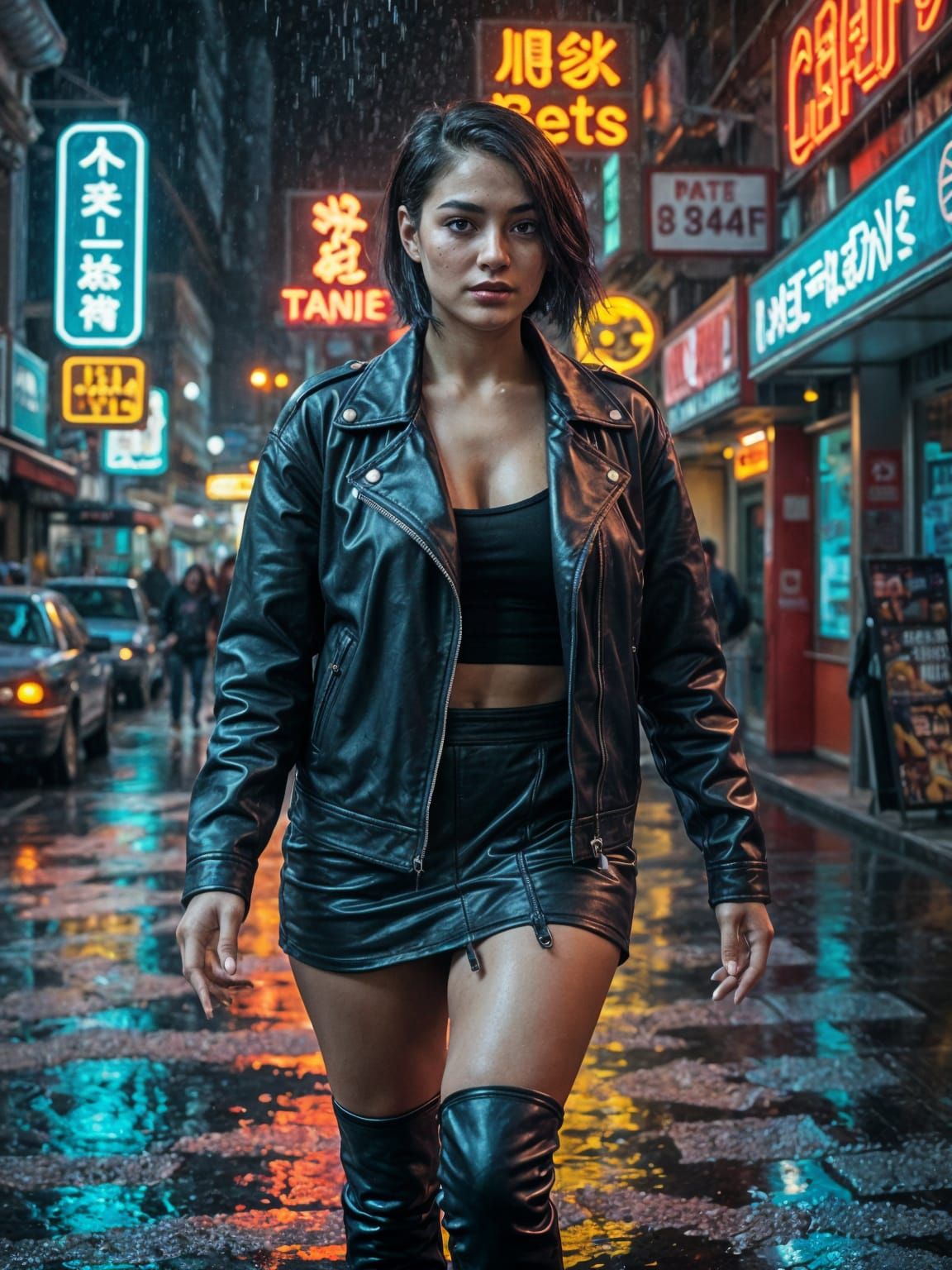 South Asian Woman in Cyberpunk Cityscape