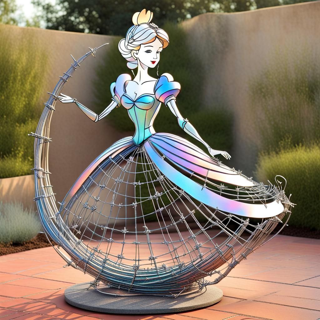 Iridescent Barbed Wire Cinderella Sculpture in Castle Tower