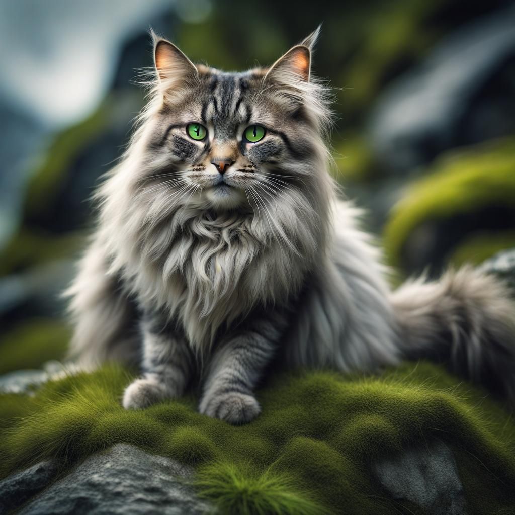 Fluffy Gray Cat with Green Eyes on Mossy Rock