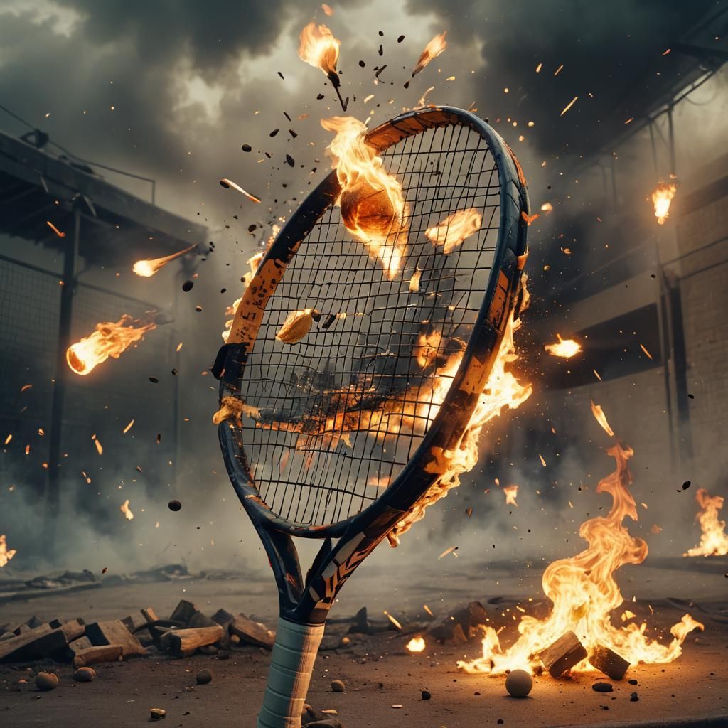 Tennis Racket Strikes Fire Bombs in Digital Painting