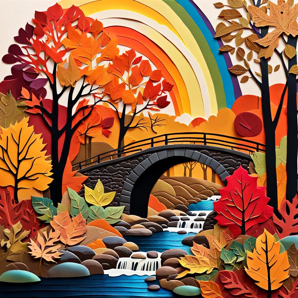 Autumnal Bridge in Mixed Media Collage Style