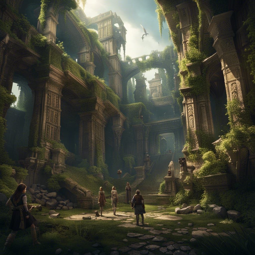 Adventurers in Overgrown Ancient Ruins, Digital Matte Painti...