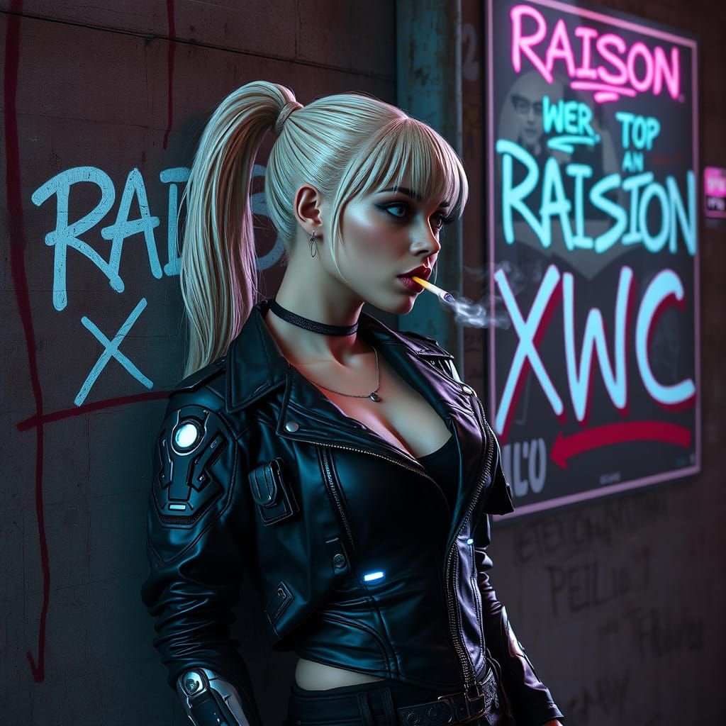 Cyberpunk Cosplay Goddess Leans Against Graffiti Wall