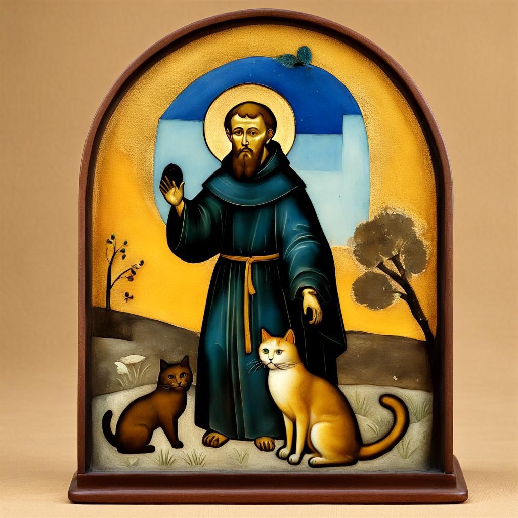 Saint Francis and Cat Enameled Glass Figurines