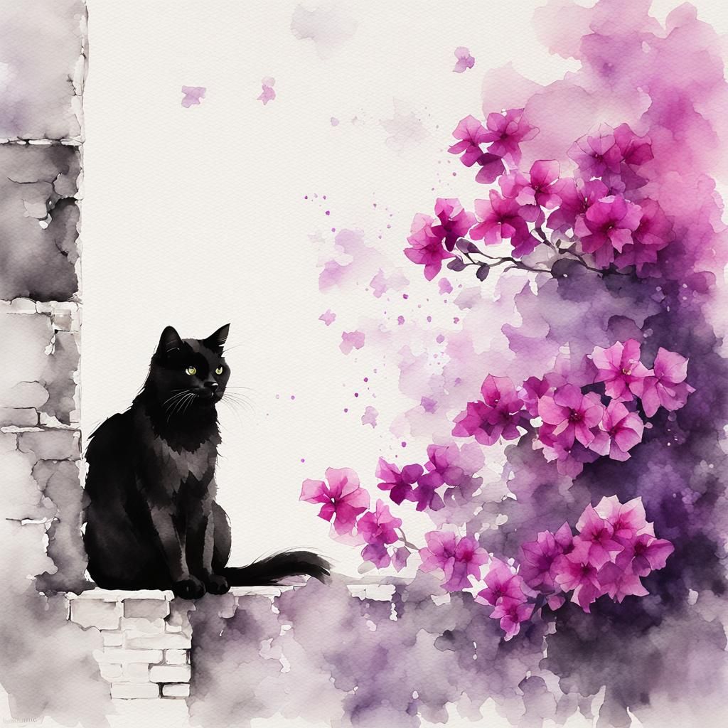 Black cat, purple bougainvillea, Sdxl1