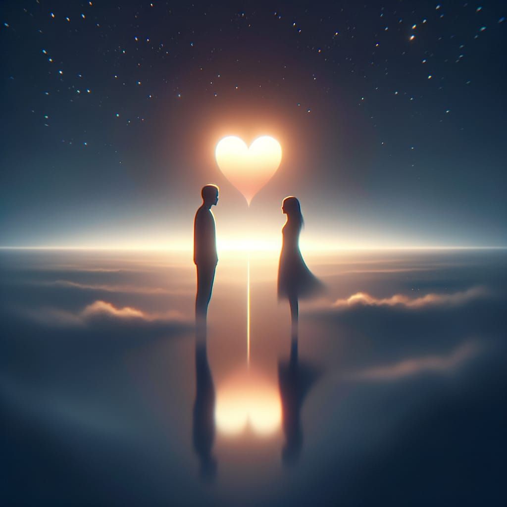 Silhouettes Connected by Shared Sky and Glowing Hearts