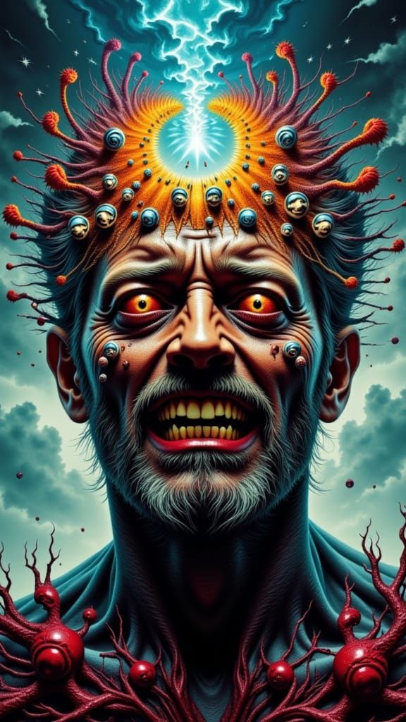 Fractal Faced Man in Digital Glitch Dreamscape