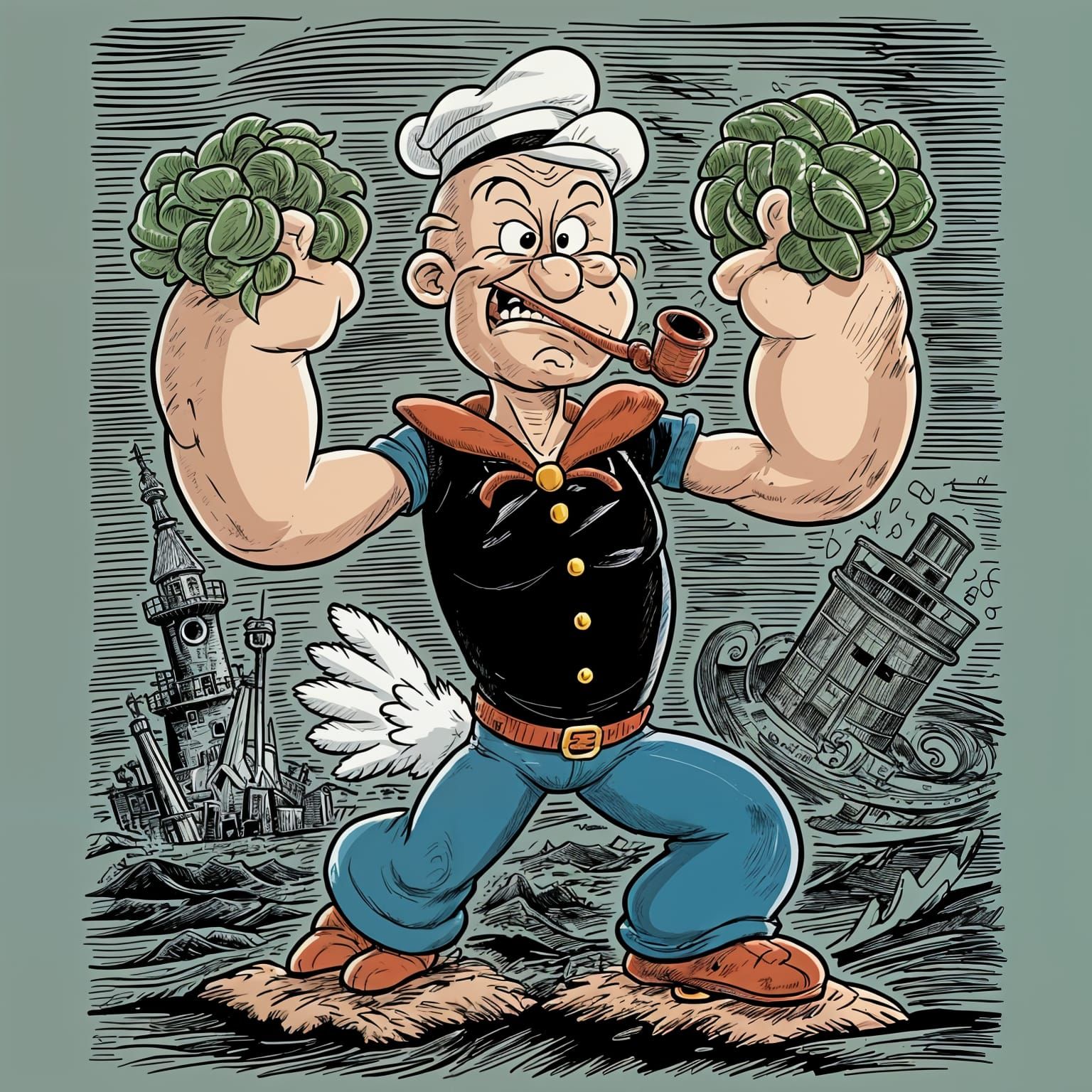 Surreal Popeye Hybrid Sailor Man with Chicken Half