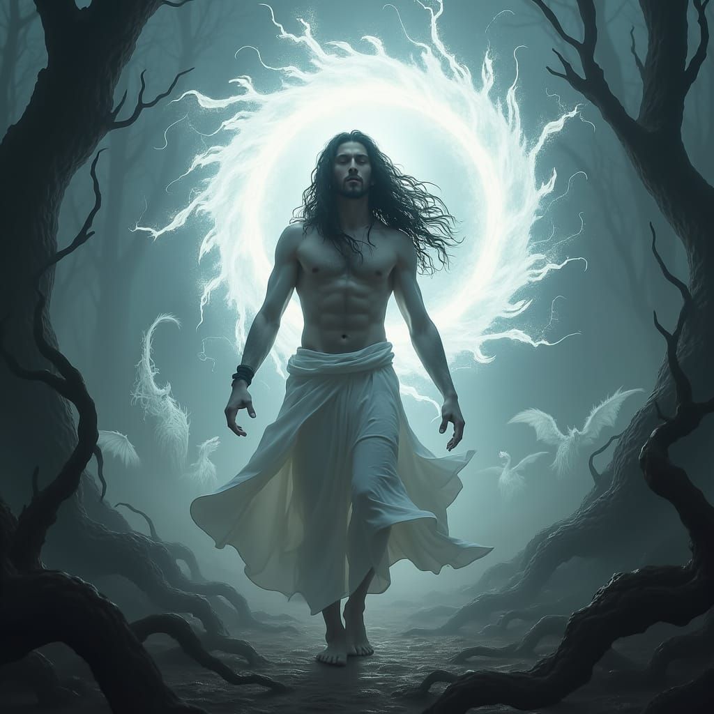 Mystical Man Radiates White Energy, Dark Fantasy Style