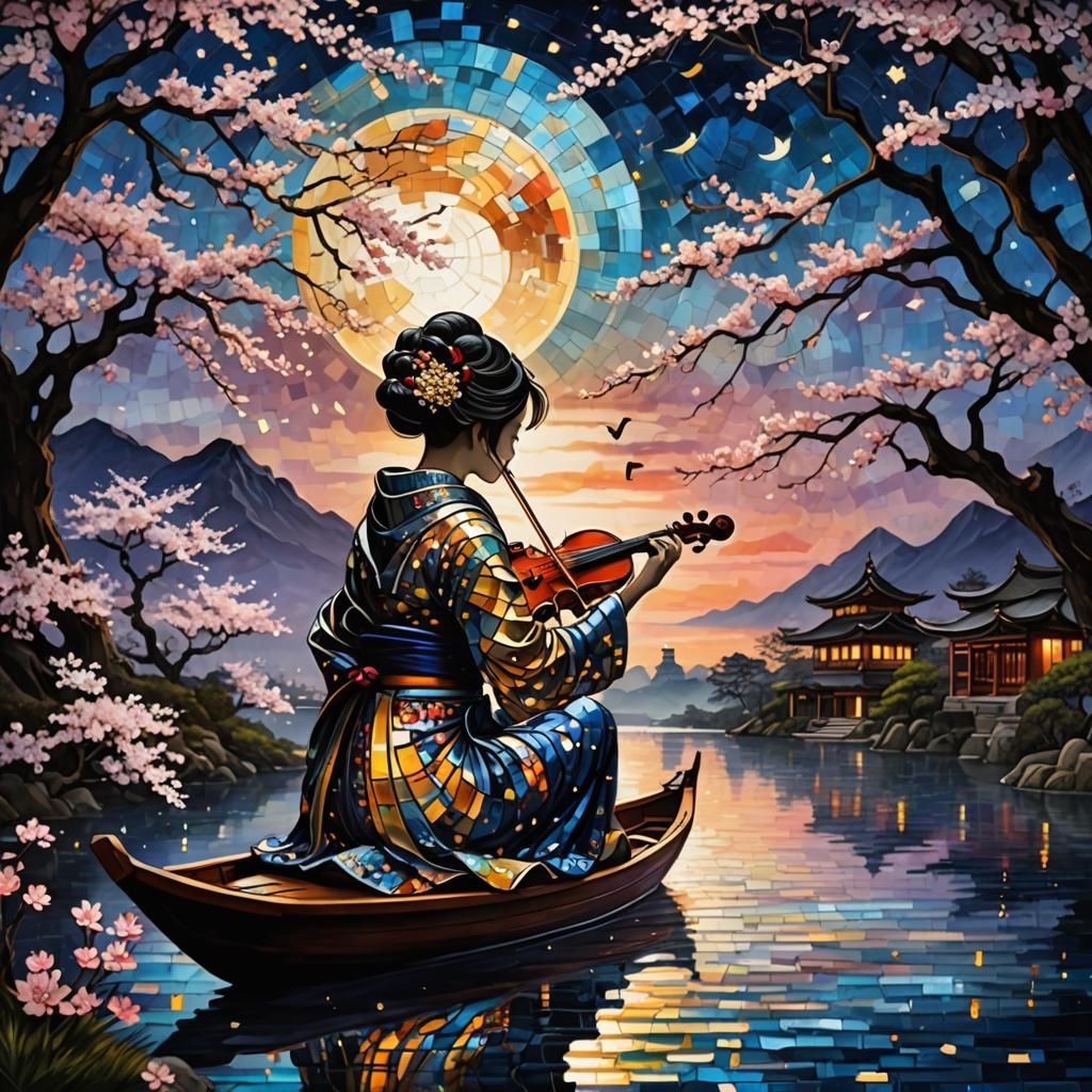 Geisha Violinist in Stained Glass Mosaic