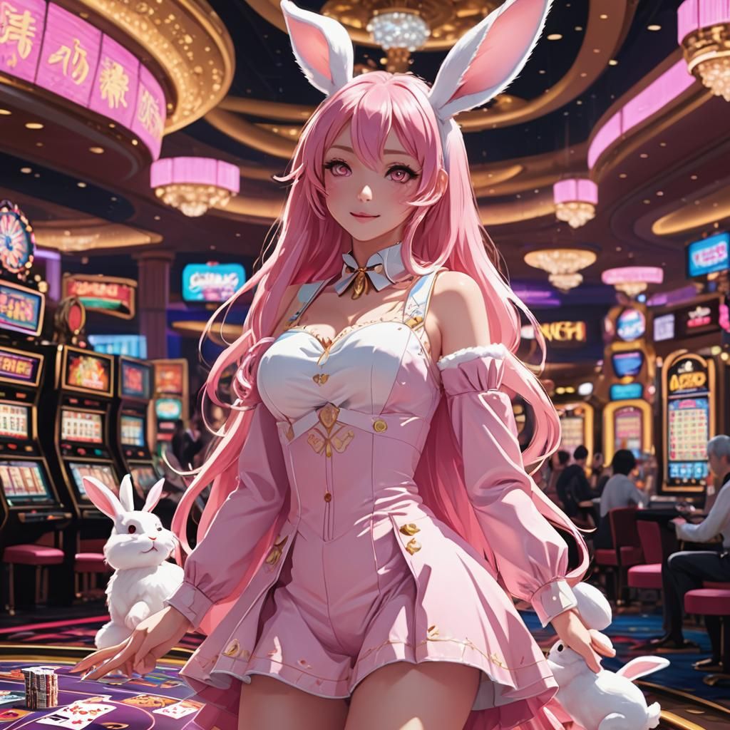 Rabbit Girl in Casino: Vibrant Anime Concept Art