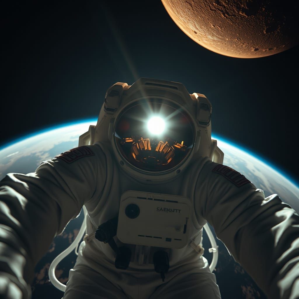 aerial near-shoulder perspective, astronaut